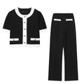 Women's polyester casual suit with beaded leather-look top and stretch high-waisted trousers