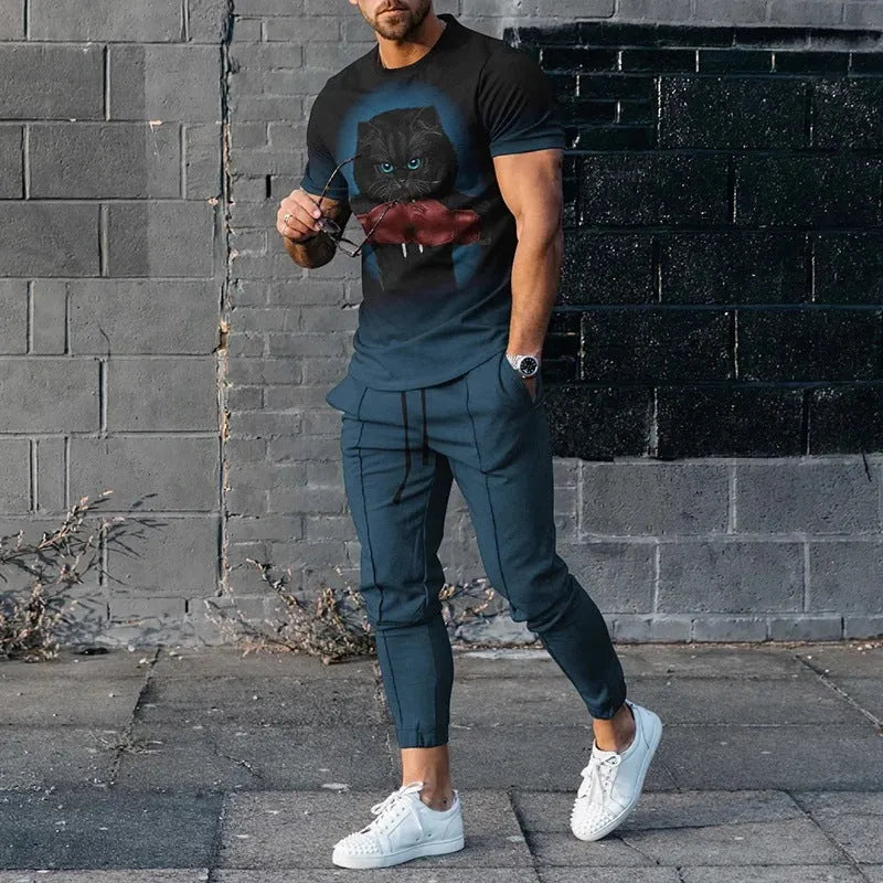 Men's slim-fit two-piece sports suit with short sleeve printed t-shirt and matching trousers in polyester blend fabric