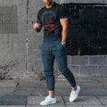 Men's slim-fit two-piece sports suit with short sleeve printed t-shirt and matching trousers in polyester blend fabric