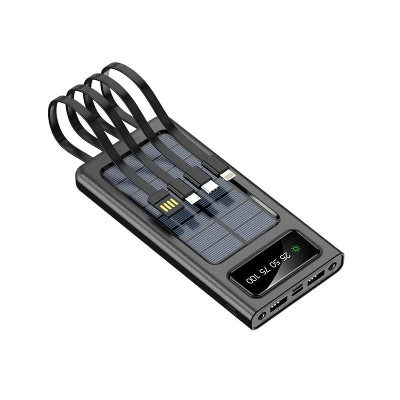 Black solar power bank with integrated charging cable showing 20000mAh capacity and solar panel