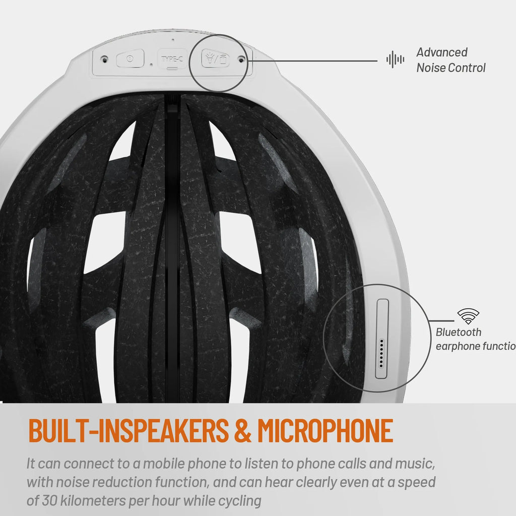 Black and grey smart cycling helmet with integrated Bluetooth warning light on the rear.