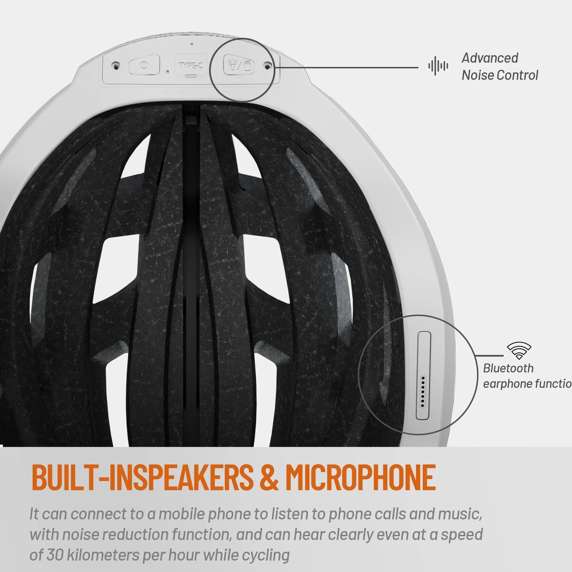 Black and grey smart cycling helmet with integrated Bluetooth warning light on the rear.