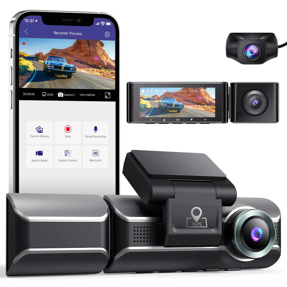 2K dash cam with front and rear lenses, 3.0 inch screen, night vision, WiFi and GPS for car driving recorder