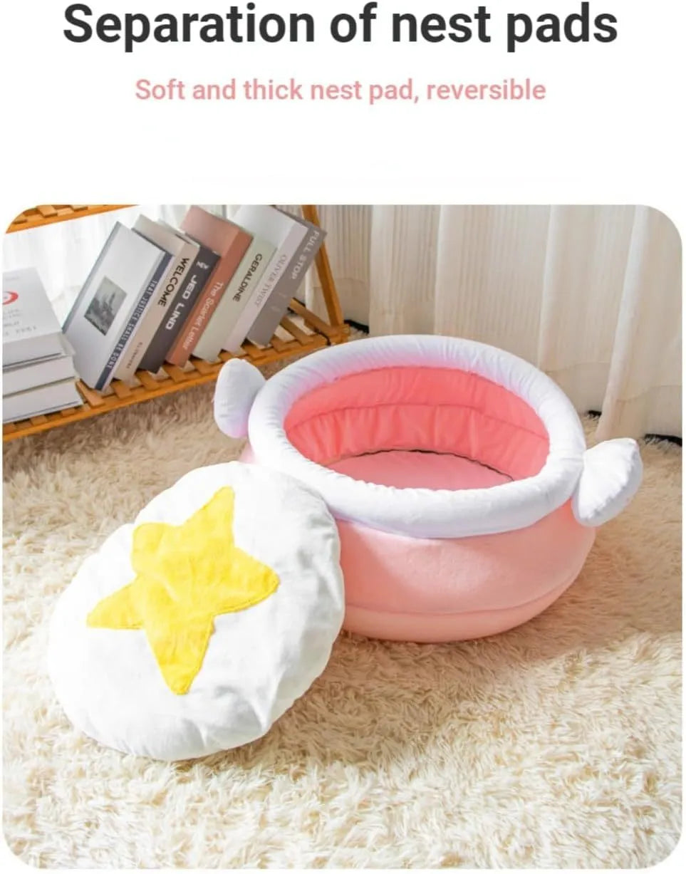 Honey pot shaped cat sofa bed with magic wands in soft pink fabric with removable cushion