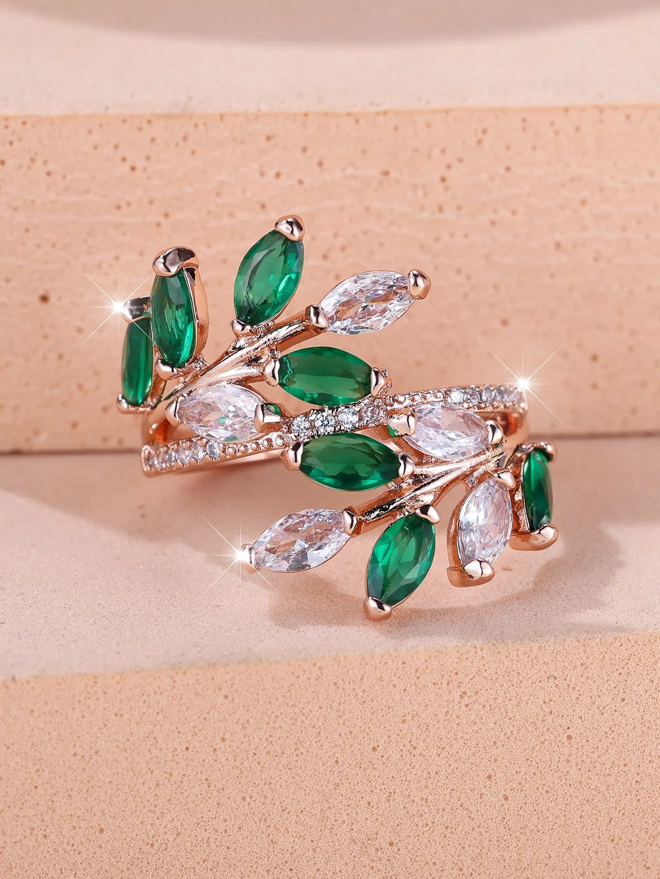 Adjustable horse eye zircon leaf ring in copper with leaf shape design and multiple colour finish options