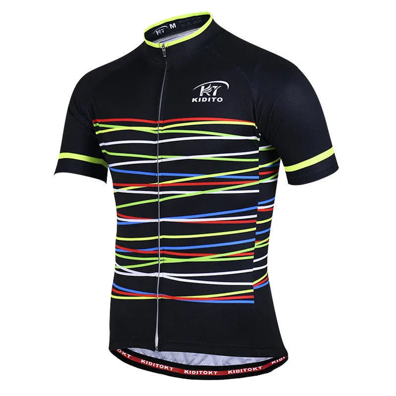 Men's summer cycling jersey set in white with moisture wicking fabric, short sleeves, and black shorts