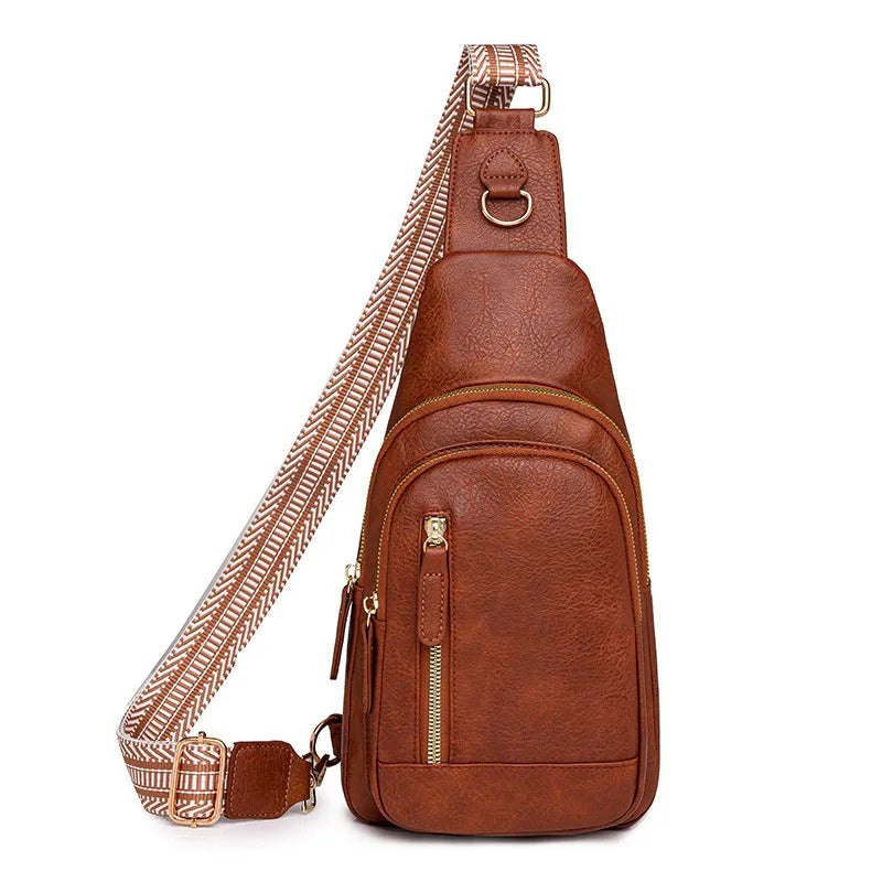 Small brown PU leather crossbody bag with sewing thread details and zip compartments