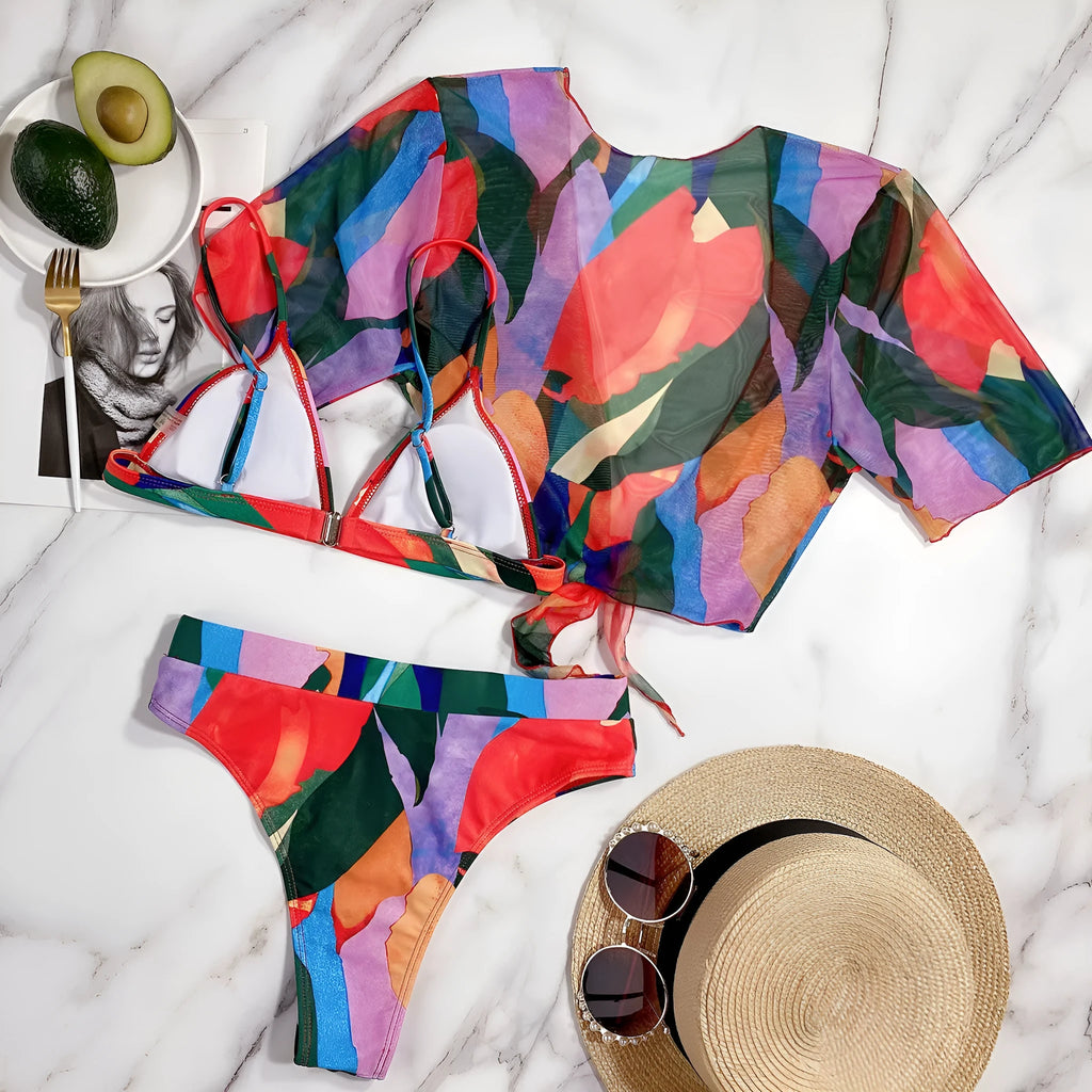 Red printed women's split swimsuit bikini for swimming and casual surfing