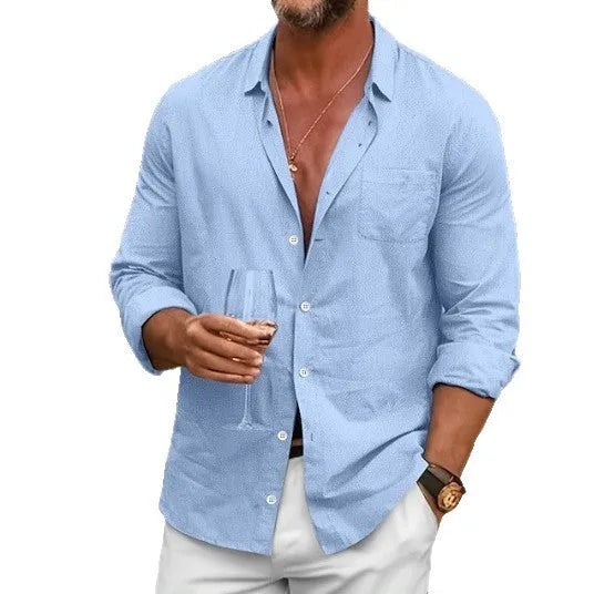 Men's loose plus size linen cotton solid colour casual shirt in khaki with long sleeves and lapel collar
