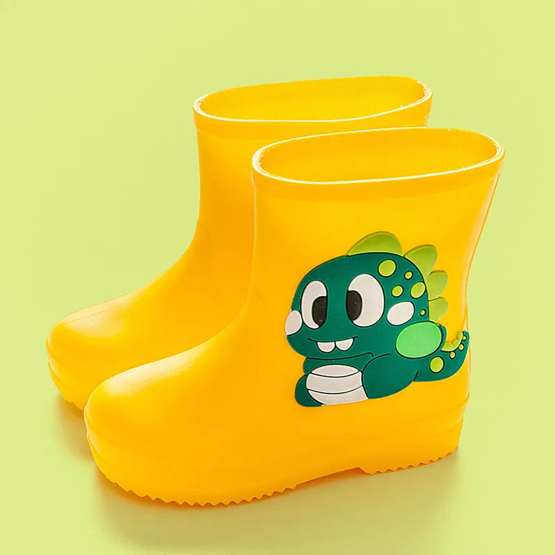 Children's cute waterproof PVC rain boots with cartoon dinosaur pattern in blue, pink, and yellow