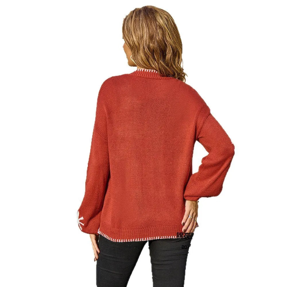 Plus size jacquard knitted cardigan off-neck flower pattern contrast colour street fashion coat acrylic beige