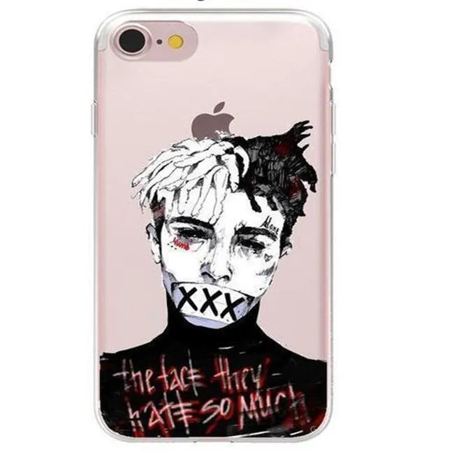 Transparent half-wrapped iPhone case with matte finish and XXXTentacion graphic design on a phone.