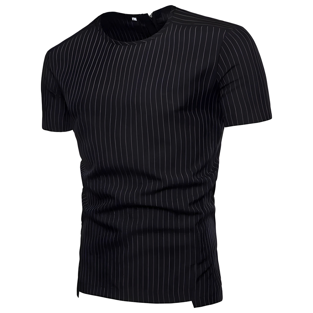 Mens O-neck T-shirt in 90% cotton with striped round neck, minimalist design, available in Black and Gray