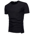 Mens O-neck T-shirt in 90% cotton with striped round neck, minimalist design, available in Black and Gray