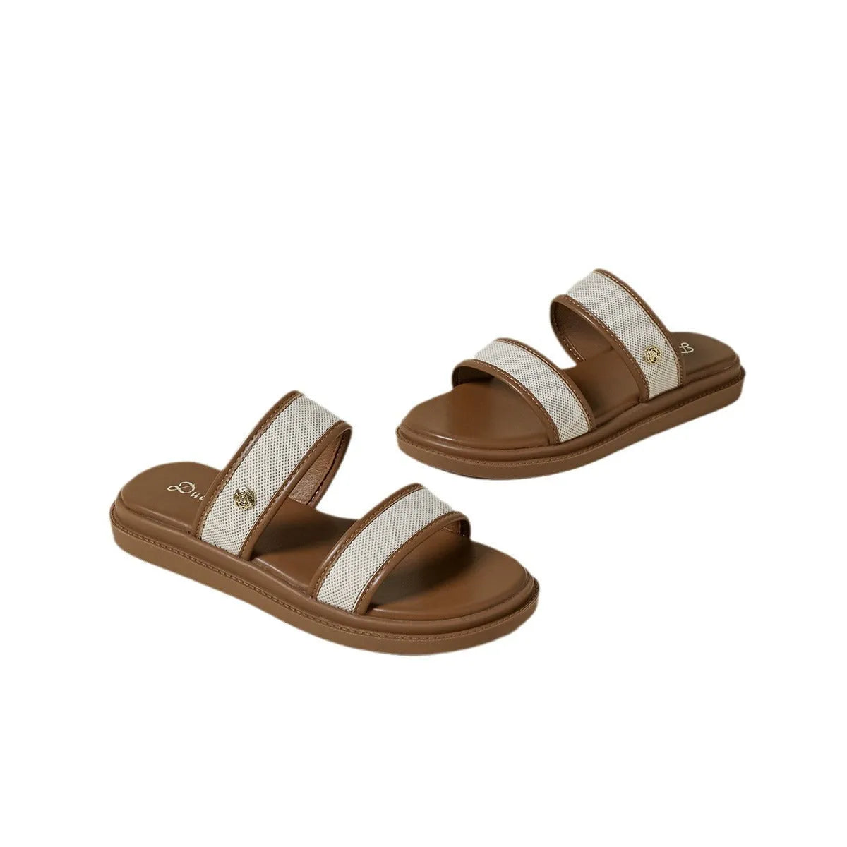 Women's vintage brown and black soft-bottom flip-flops made from artificial PU leather, showing retro strap design.