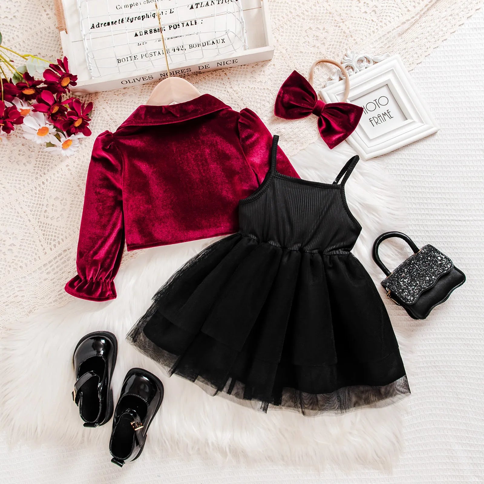 Baby girl red strapless dress with black mesh bow jacket and long pants polyester cotton