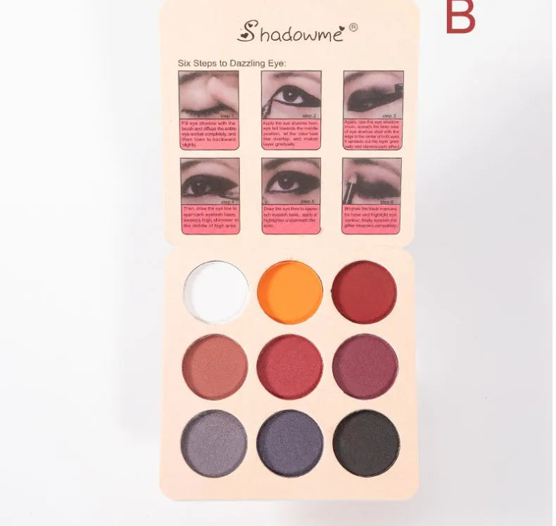 Matte makeup eyeshadow palette in style B with 9 colours, closed compact case showing EVA packaging