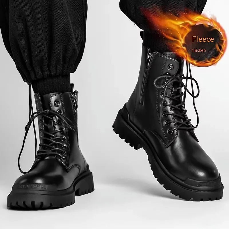 Men's mid-top tide British leather boots with flat rubber soles in black colour