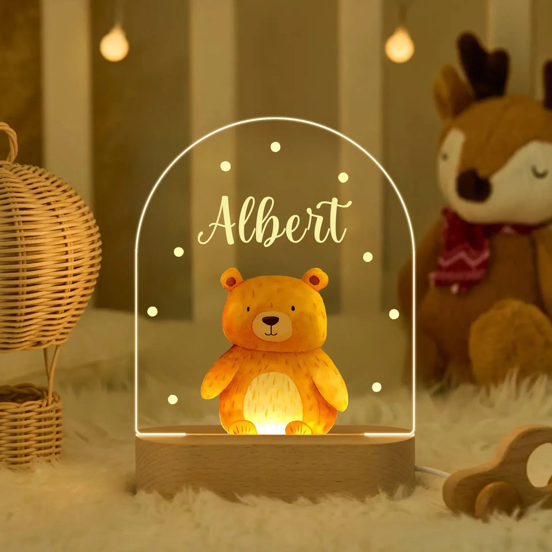 Personalised children's acrylic LED night light with 14.5cm elliptical base, socket power and button switch