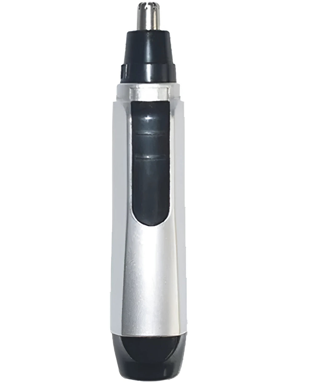 Compact electric nose hair trimmer with stainless steel cutting head and ABS body on white background