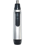 Compact electric nose hair trimmer with stainless steel cutting head and ABS body on white background