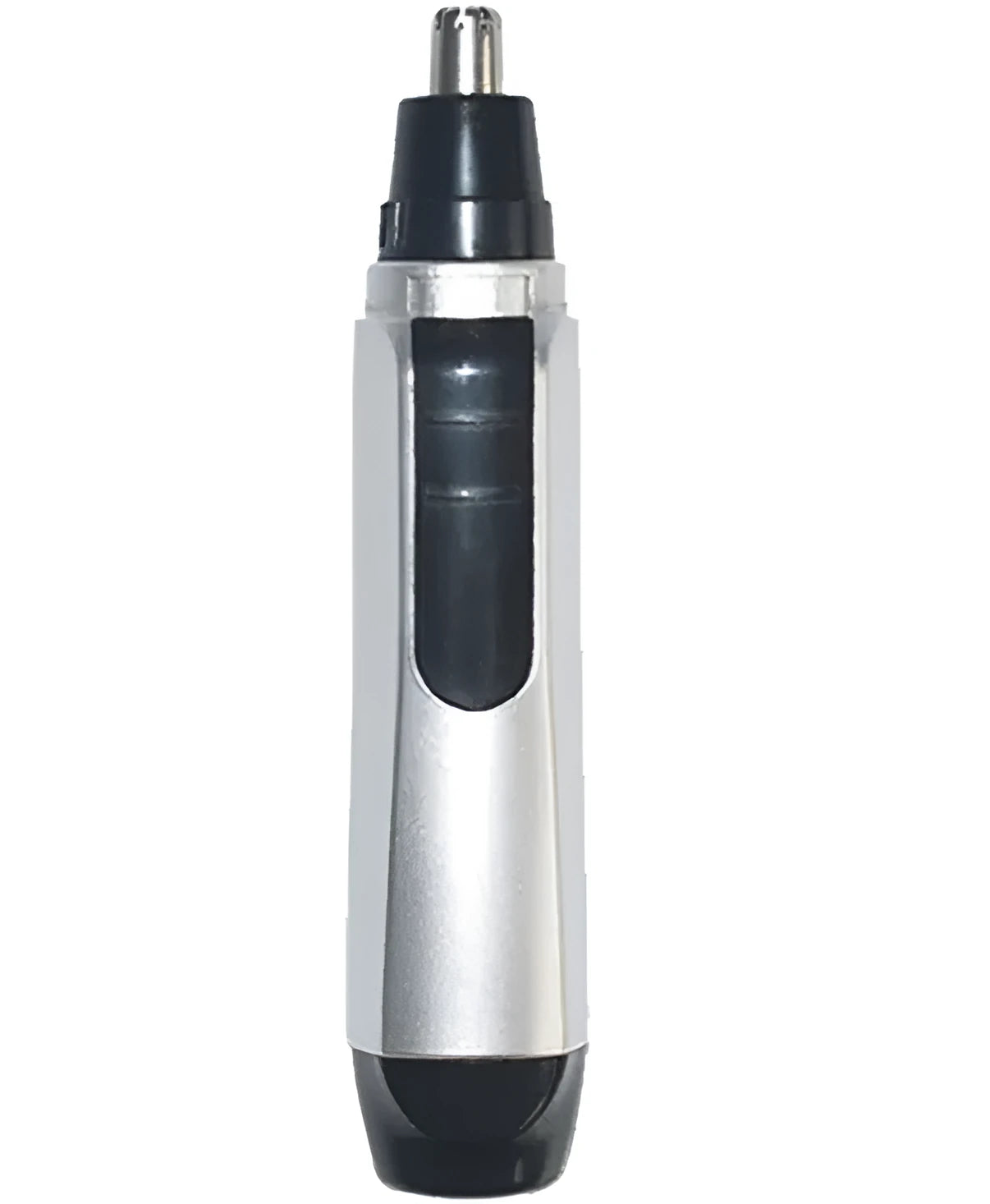 Compact electric nose hair trimmer with stainless steel cutting head and ABS body on white background