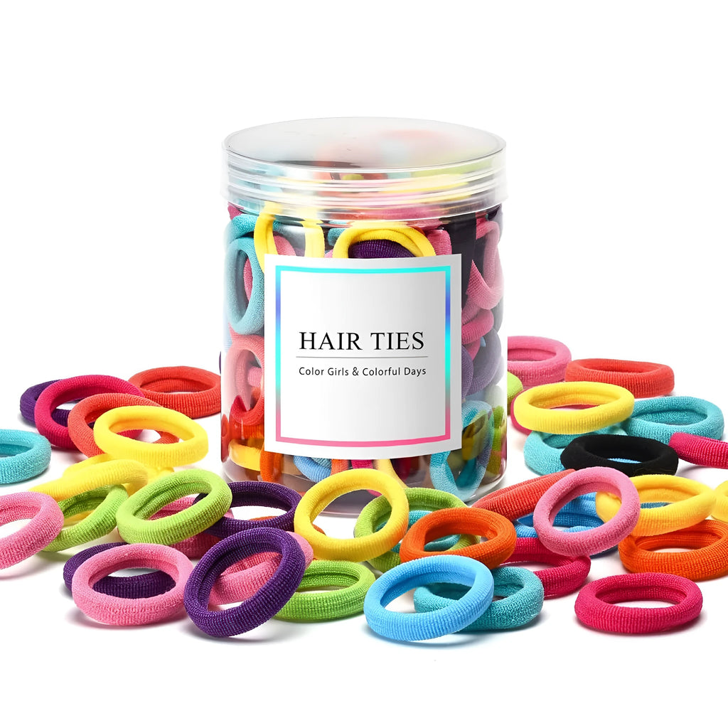 100 multicoloured seamless cotton baby hair ties in a jar, showing soft fabric and small 0.85-inch size.