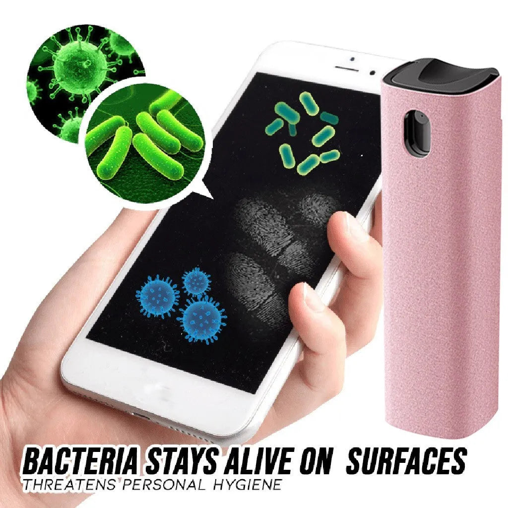 Small blue screen cleaner bottle with attached microfiber cloth on a table next to a smartphone