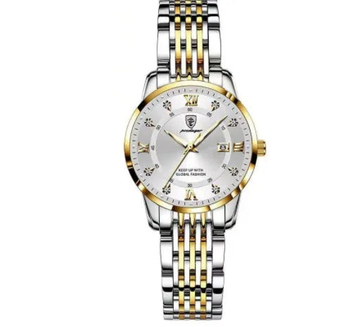 Men's quartz watch with 43mm round dial, sapphire crystal, stainless steel strap, blue face, luminous hands and calendar display