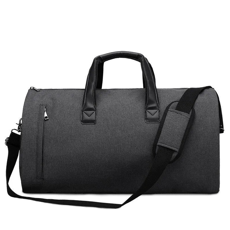 Medium oval travel bag in light grey oxford cloth, open to show internal organiser bags including camera insert and document pockets.