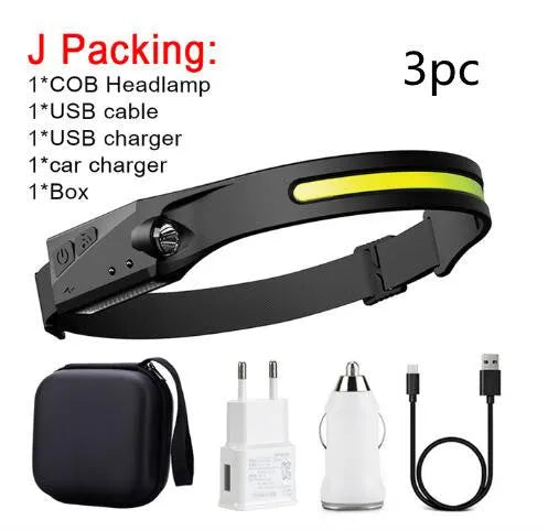 COB LED induction headlamp with wide beam and side LED for long-distance lighting, USB rechargeable, silicone build