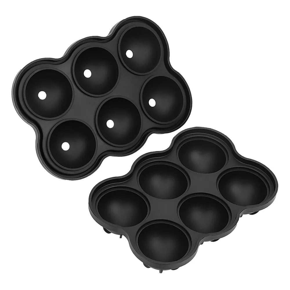Large black silicone ice cube maker with six 4.5cm sphere cavities on a white background