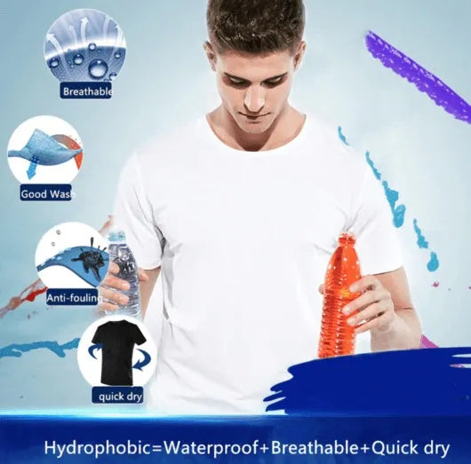 Quick-drying waterproof anti-fouling plain round neck short sleeve T-shirt in white, black, blue for unisex active wear