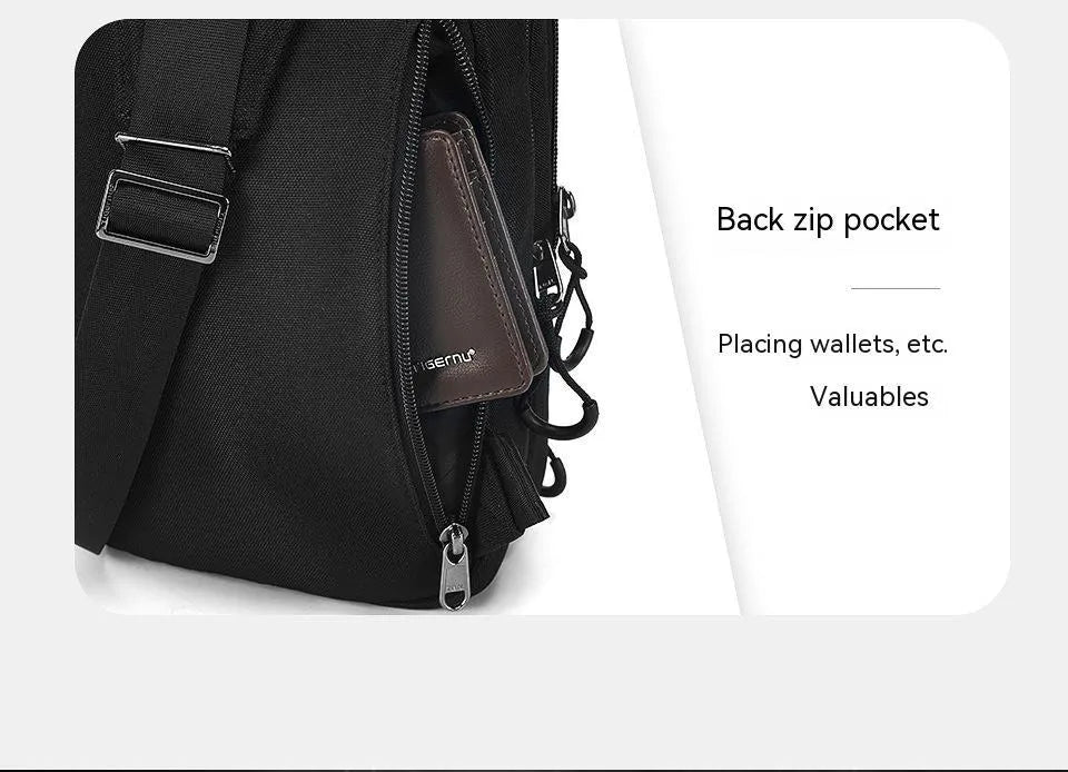 Casual black TPU chest pack with landscape pattern, soft handle, and single shoulder strap showing internal mobile phone pocket