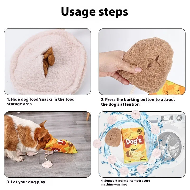 Dog fashion personality potato chips plush toy in yellow, green, and blue colours with polyester construction