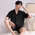 Men's ice silk pyjamas set showing cardigan top and shorts in satin jacquard pattern