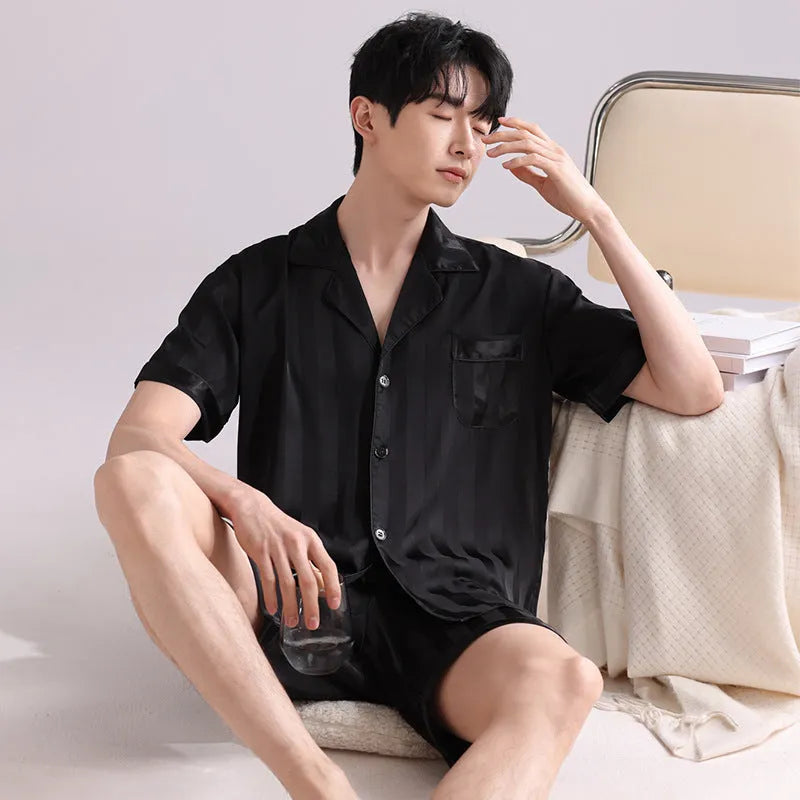 Men's ice silk pyjamas set showing cardigan top and shorts in satin jacquard pattern
