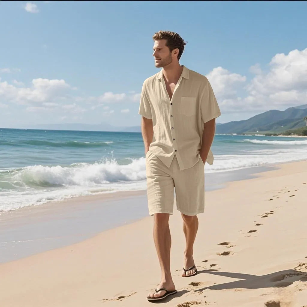 Linen blend short sleeve shirt and shorts beach suit set shown in light blue colour.