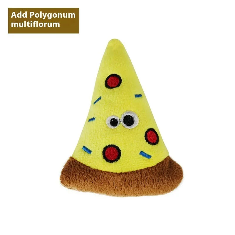 Colourful catnip plush toy shaped like a pizza, part of a set of six food-themed molar toys for cats.