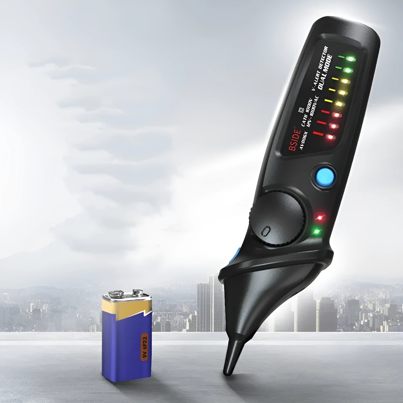 Smart sensor high voltage test pencil with round head tip and insulated body for live line detection.