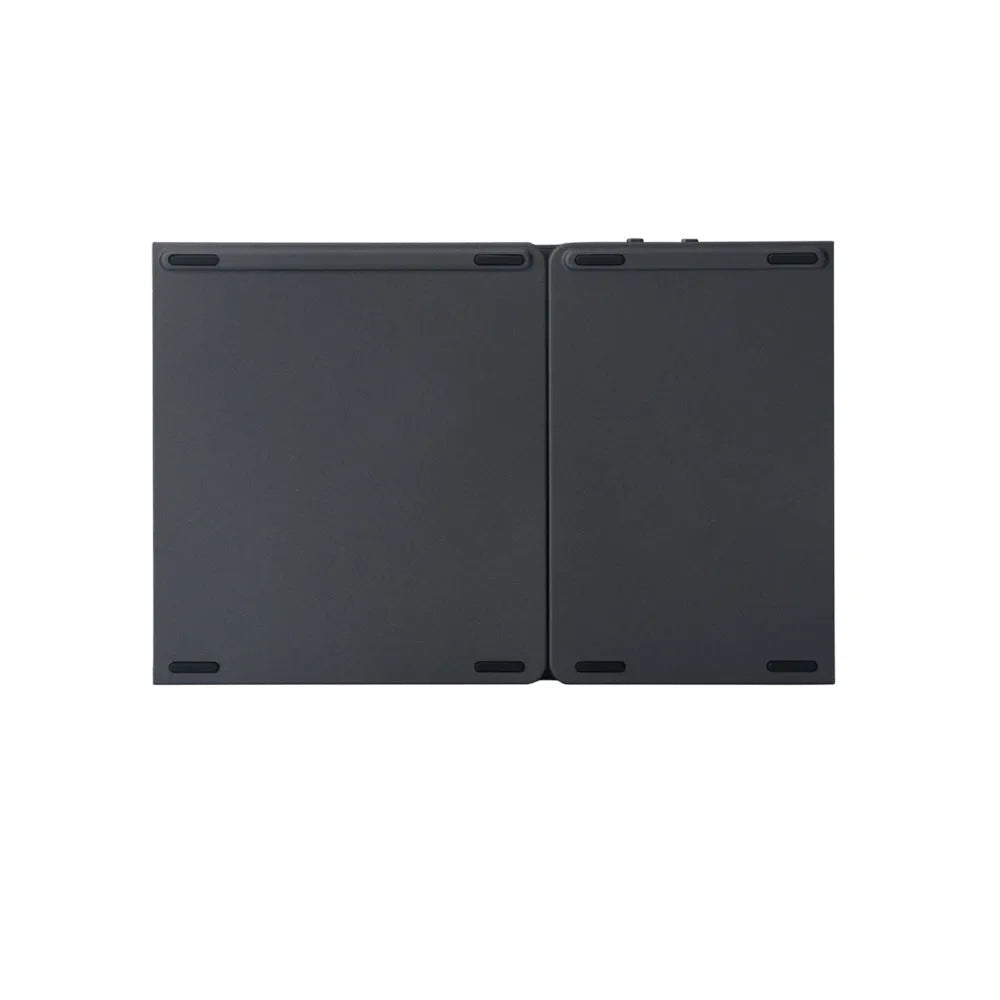 Ultra-thin tri-fold folding touch Bluetooth keyboard in black with touchpad, folded and spread views