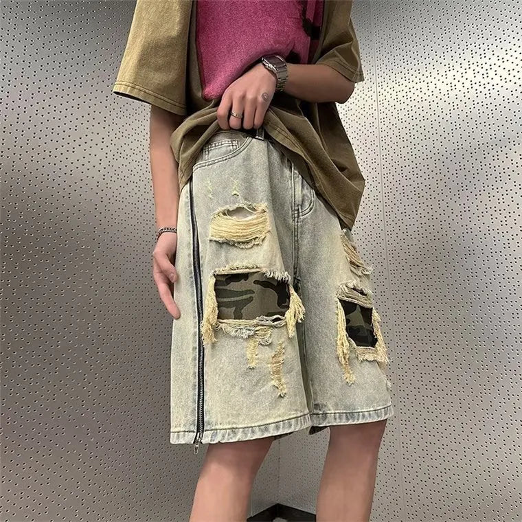 Men's yellow ripped camouflage denim shorts in a straight-leg Korean style cut.