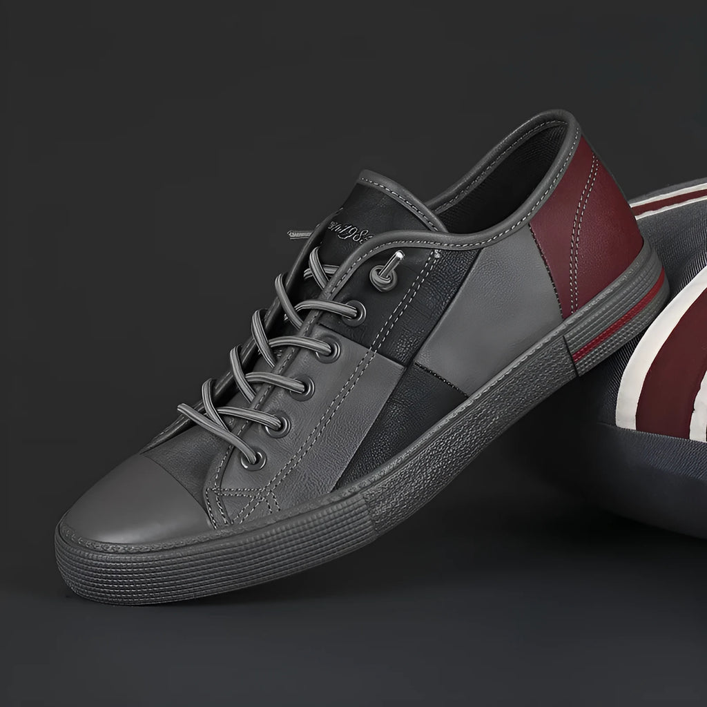 Men's colour contrast leather slip-on shoes with round toe and flat rubber sole.