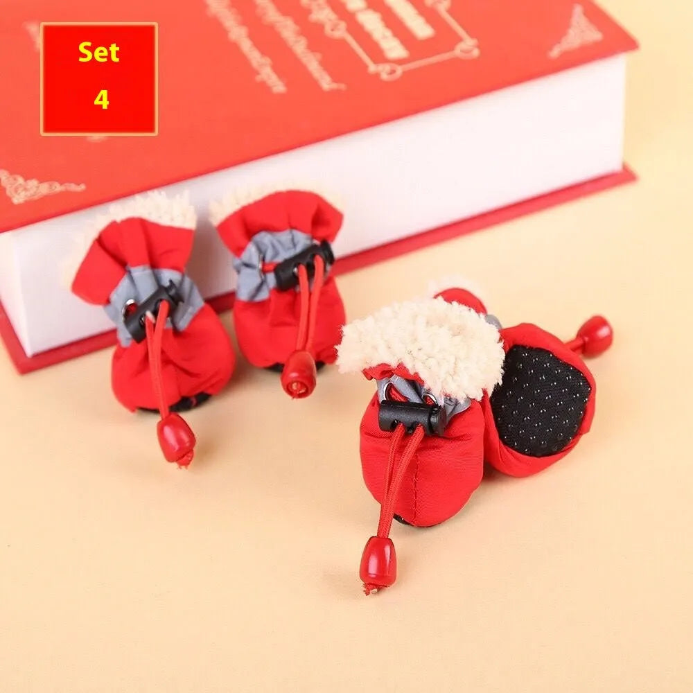 Four seasons breathable cloth dog shoes in multiple colours including fleece-lined red and monkey designs
