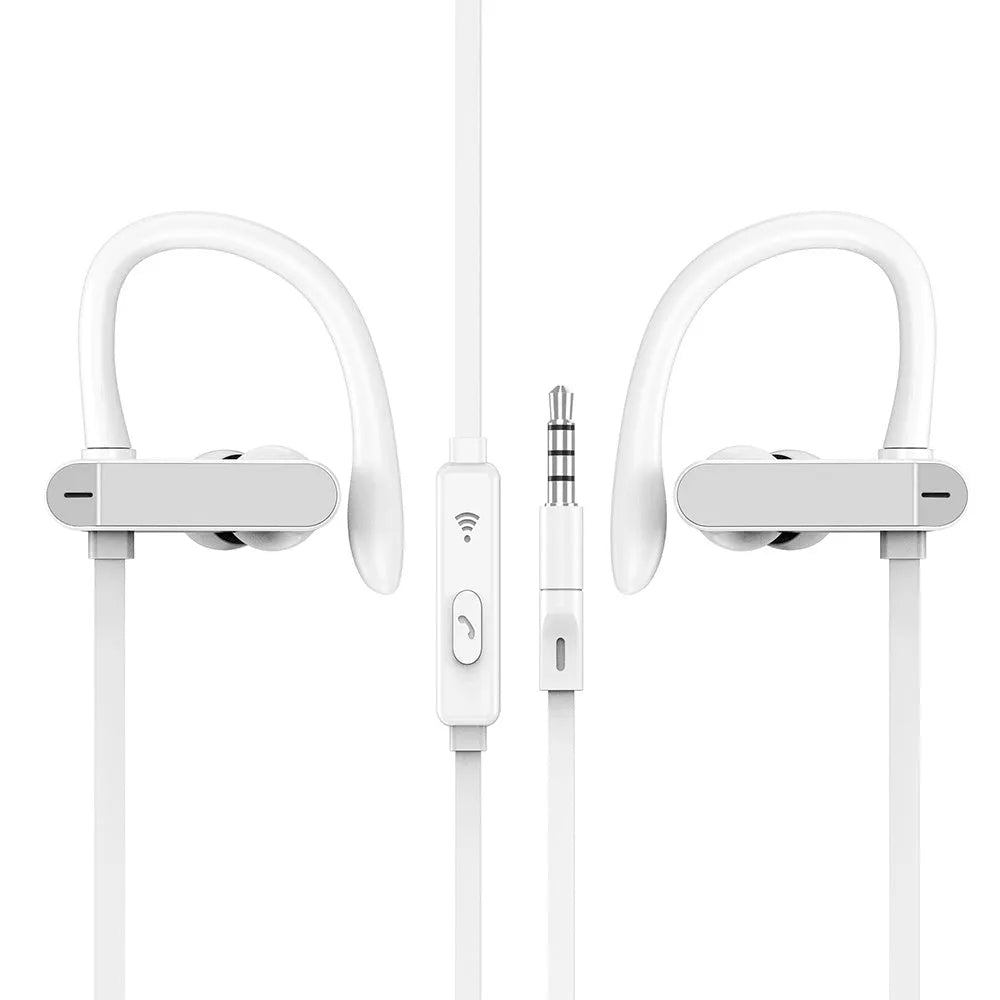 Black and blue sports earphones with flexible ear hooks and silicone gel earbuds for running and gym.