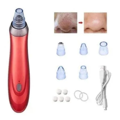 Electric blackhead remover pore cleaner in black with interchangeable nozzle heads and compact design