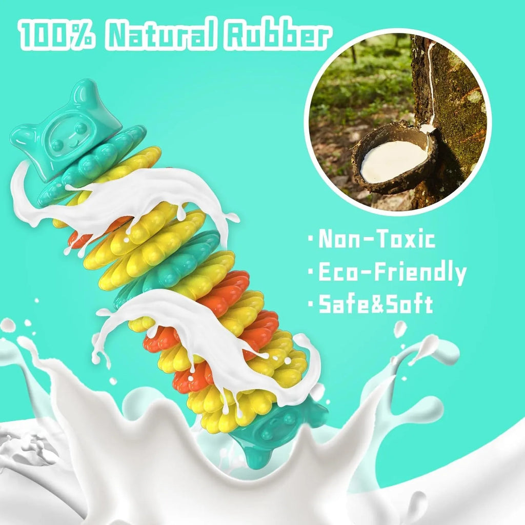 Blue rubber caterpillar-shaped dog chew toy for aggressive chewers on a white background.