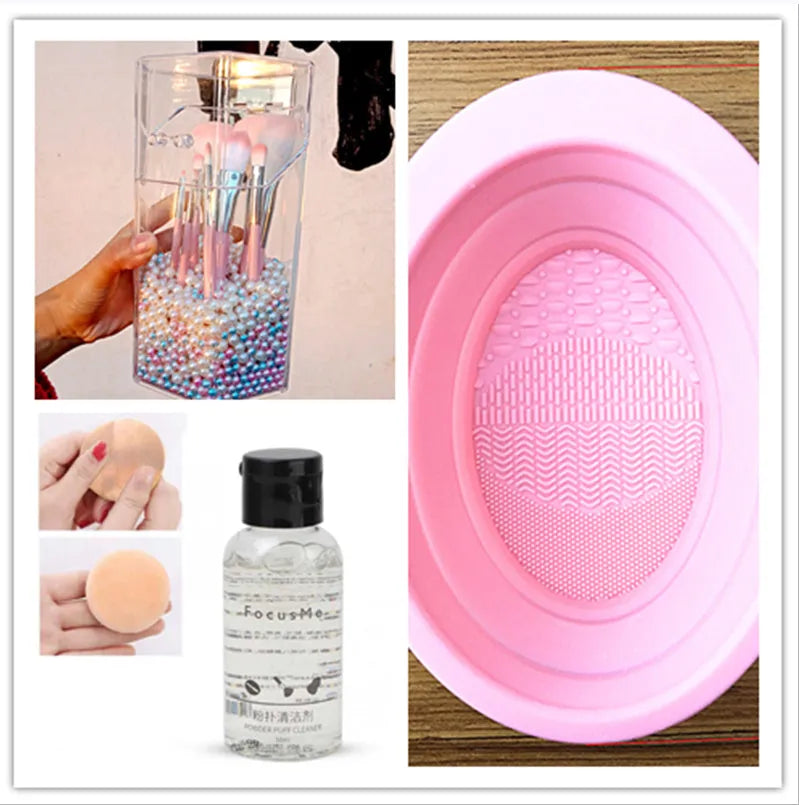 50ml makeup brush cleaning liquid in a clear plastic bottle with blue cap, 9x3x3cm size
