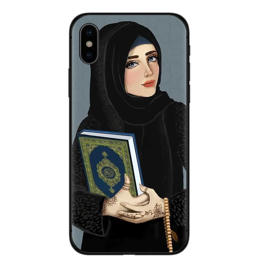 Islamic hijab veil girl TPU phone case with rhinestones floral letters painted design for iPhone