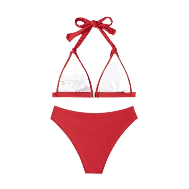 Red women's bikini with lace-up halterneck top and high-cut leg shorts